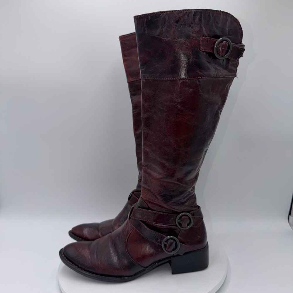 Born Roxie Burgundy Leather Tall Riding Boots Distressed Wide Calf Size 8.5